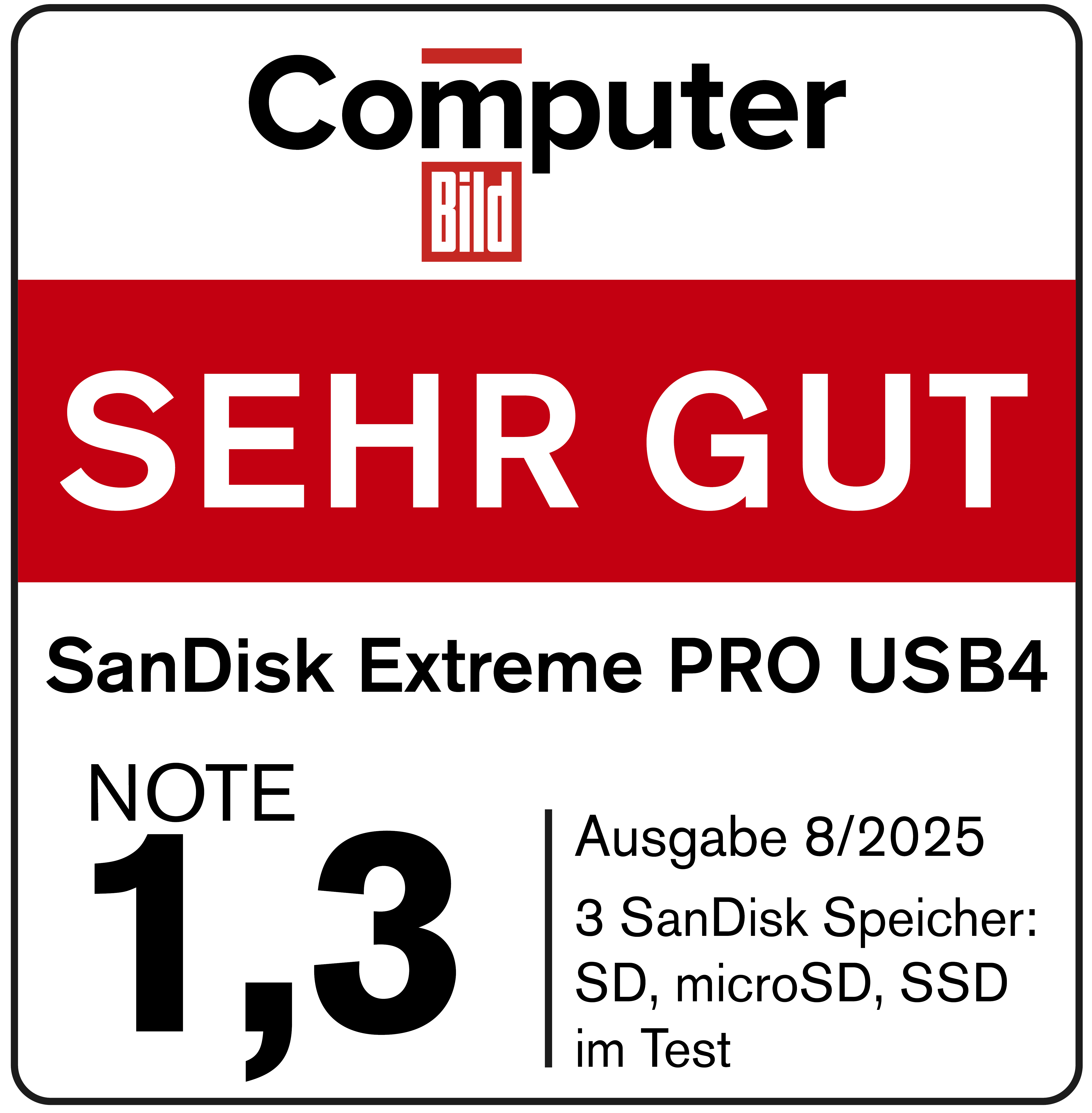 Das Bild ist ein Computer Bild Test. Es zeigt 'SEHR GUT' mit einer Bewertung von 1,3 für ein SanDisk USB4-Laufwerk.
